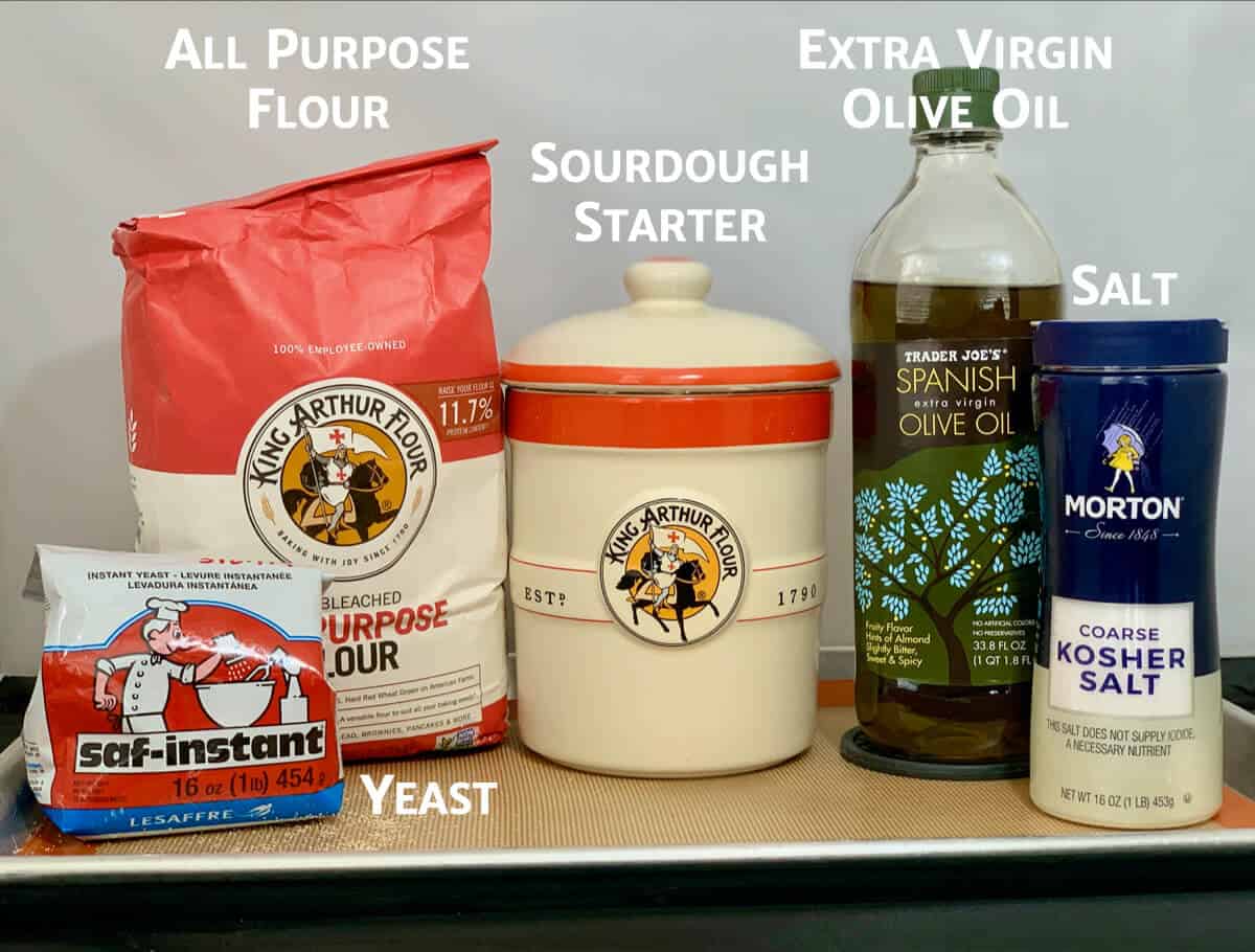 sourdough focaccia ingredients in their packaging.