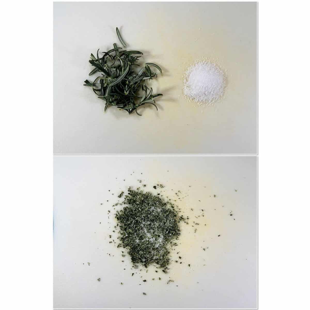 Collage of chopping fresh rosemary with salt.