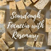 Pieces of sourdough focaccia on a cutting board Pinterest banner.