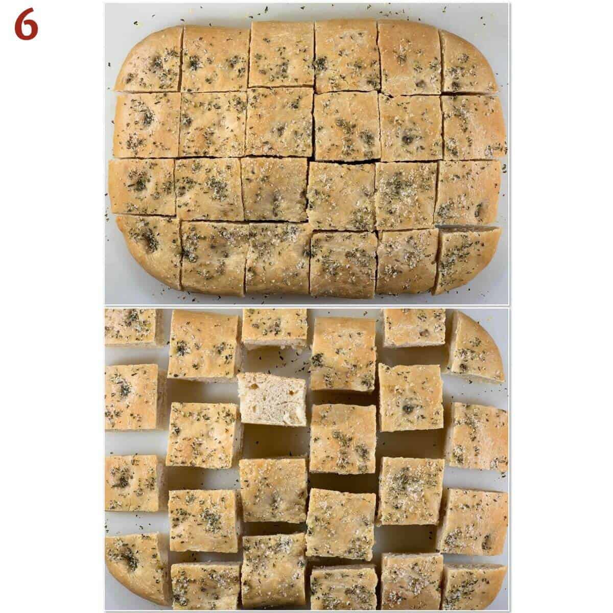 Collage of slicing focaccia.