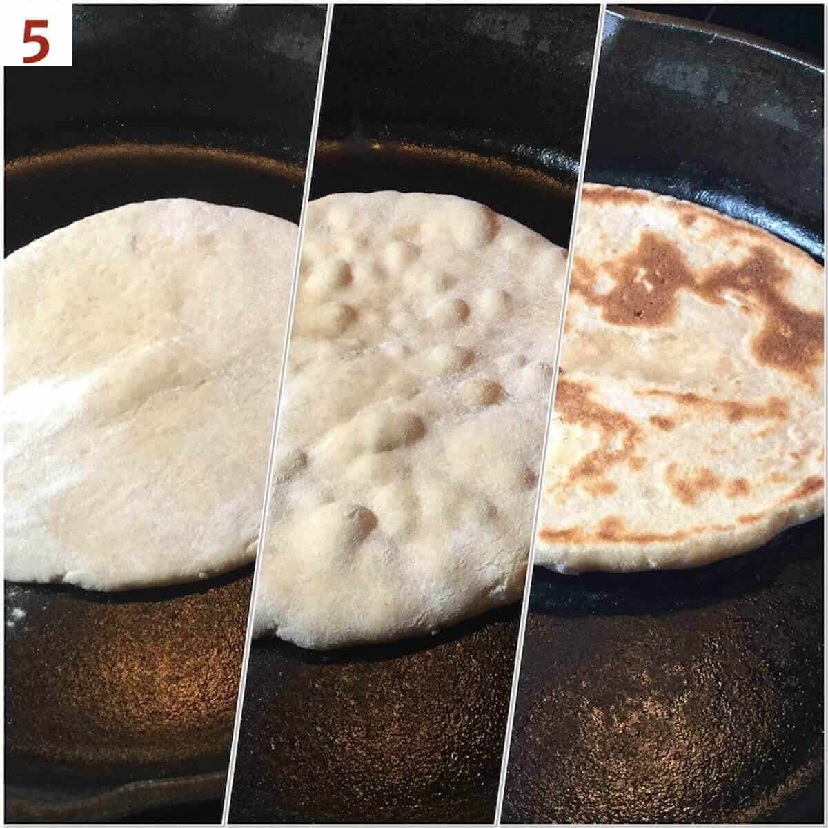 Collage of cooking naan on a skillet.