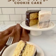 Slice of cake one a white plate with a fork with sliced cake on a white cake stand in background Pinterest banner.