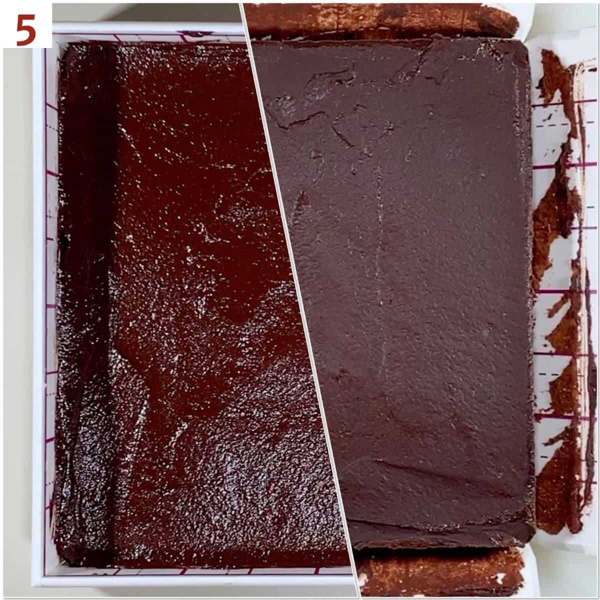 Collage of Kahlua Chocolate Fudge before and after hardening.