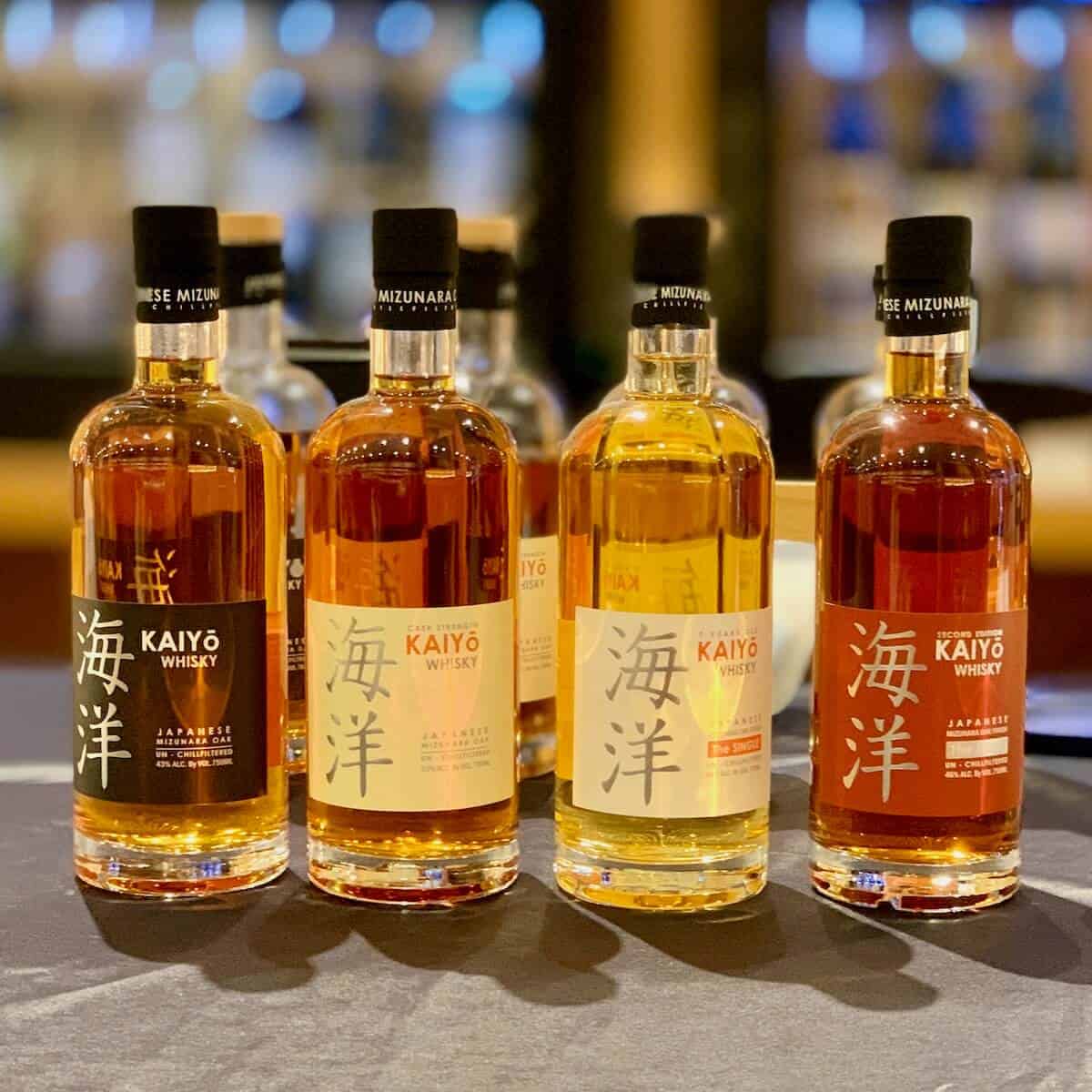 Kaiyo Japanese Whisky lineup on a counter.