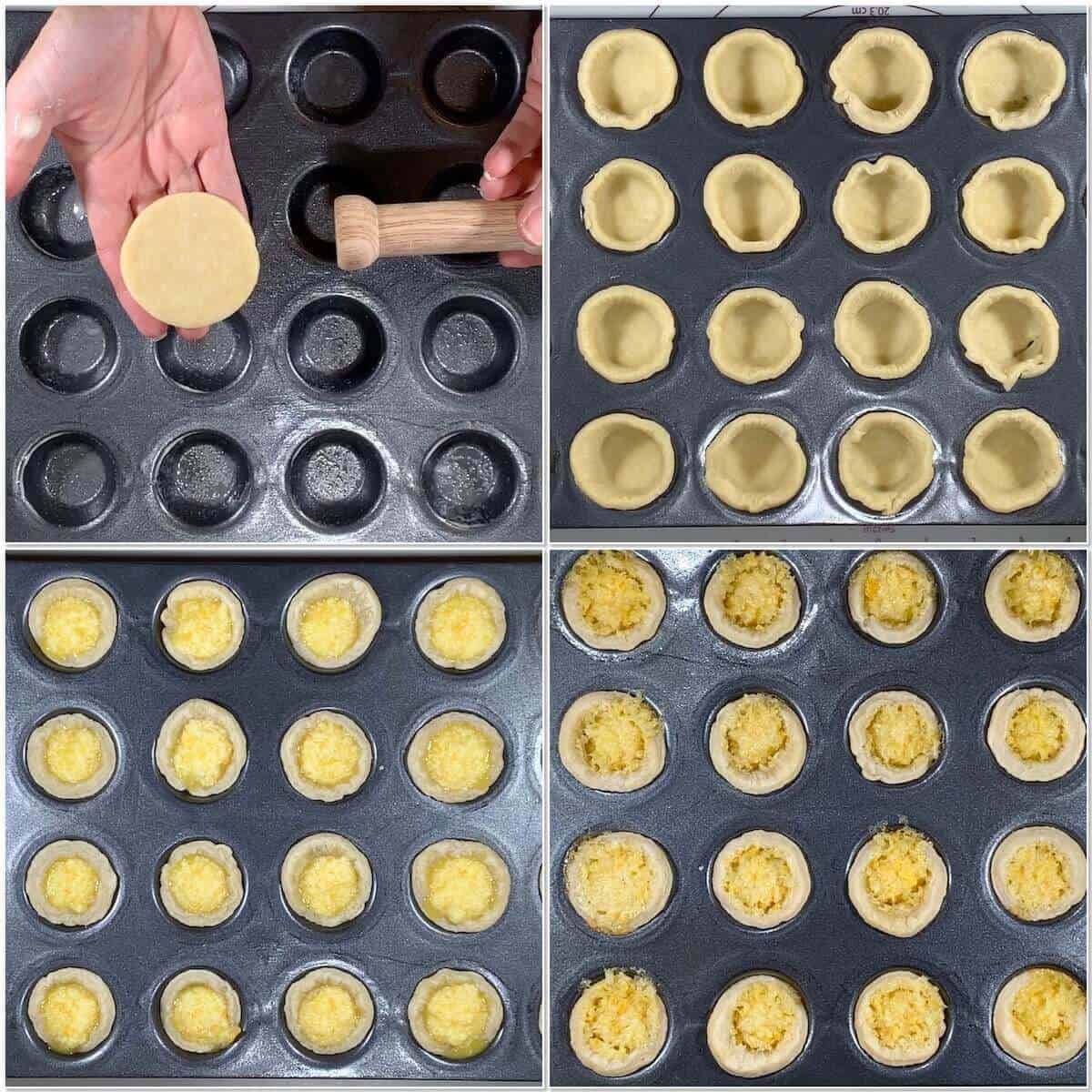 Collage of making mini tartlets before & after baking