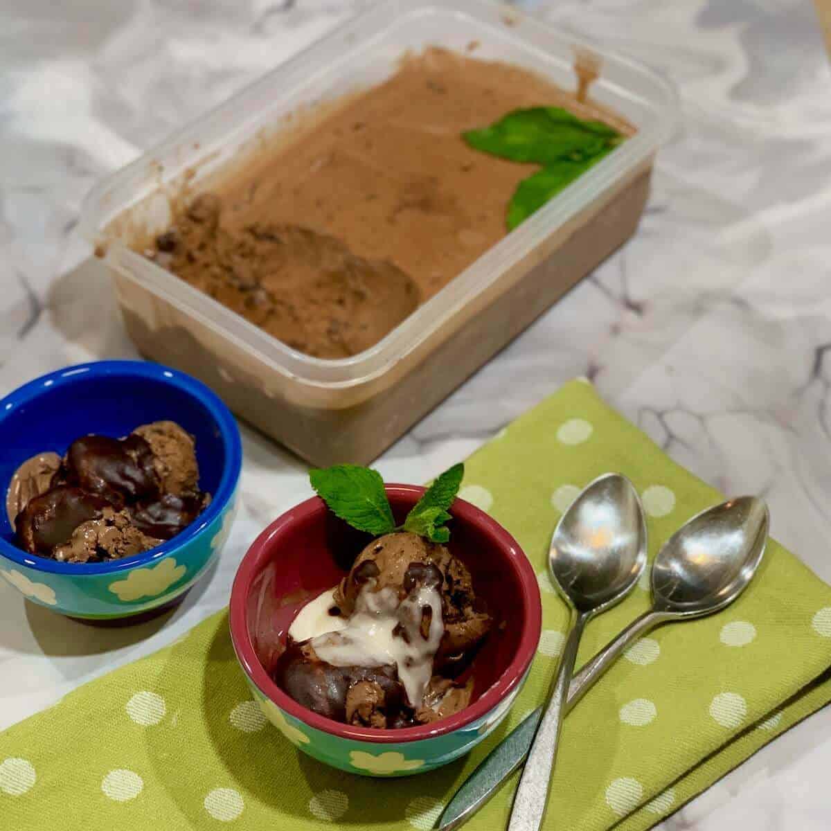 Chocolate Mint Chip gelato in bowls on a green spotted towel next to 2 spoons with gelato tub behind.