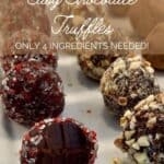 Easy Dark Chocolate Truffles plated closeup with bite Pinterest banner.