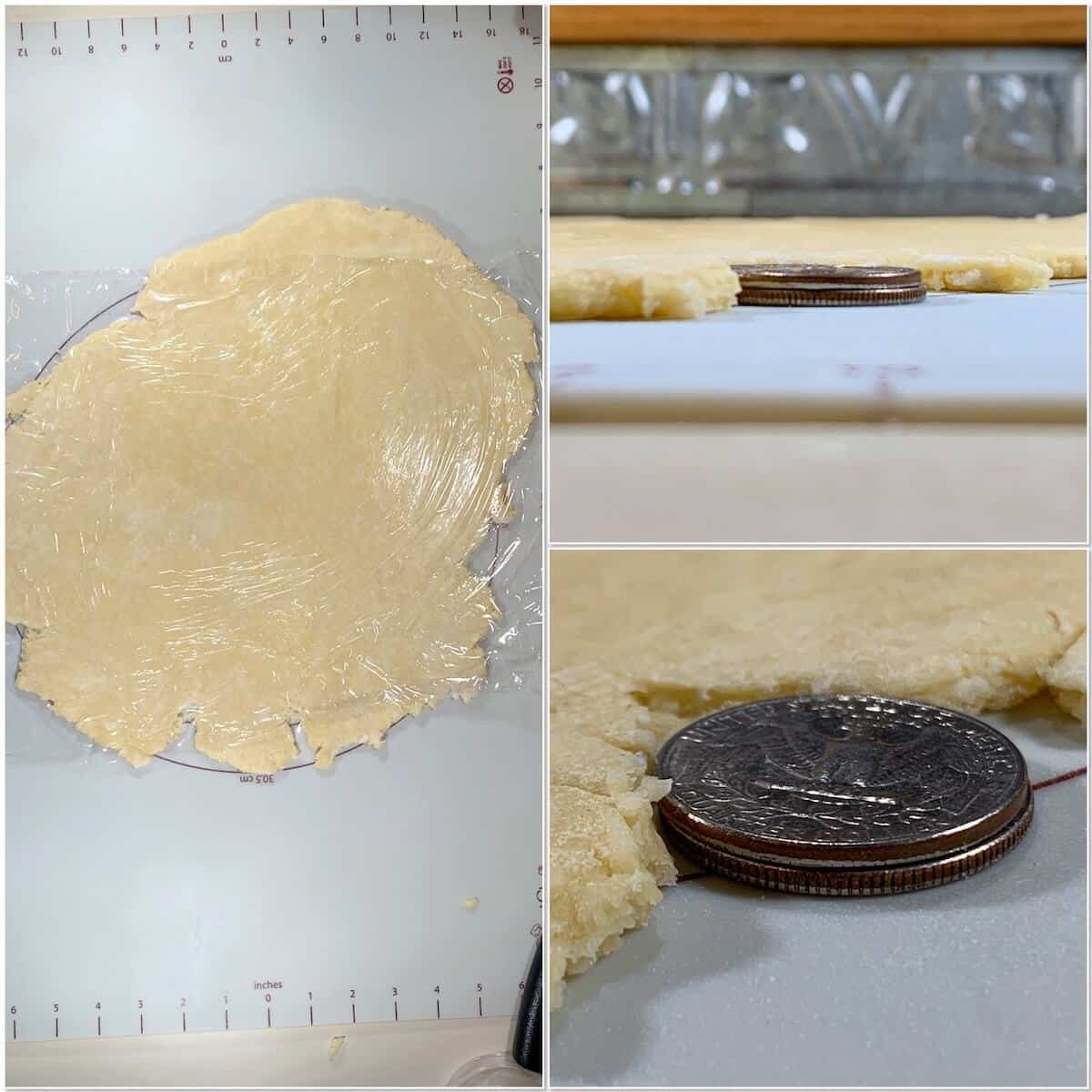 Collage showing the height of rolled out short crust pastry.