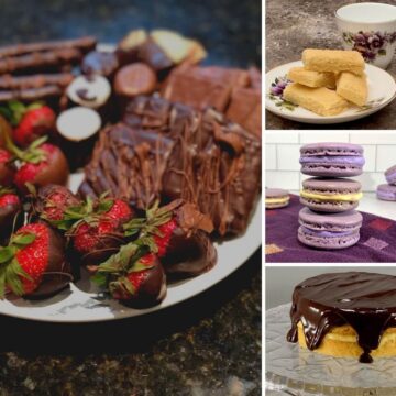 Collage of dipped treats, shortbread, French macarons, Boston Cream Pie.