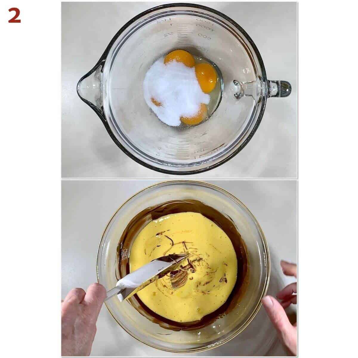 Collage of mixing sugar & egg yolks and adding it to chocolate base.