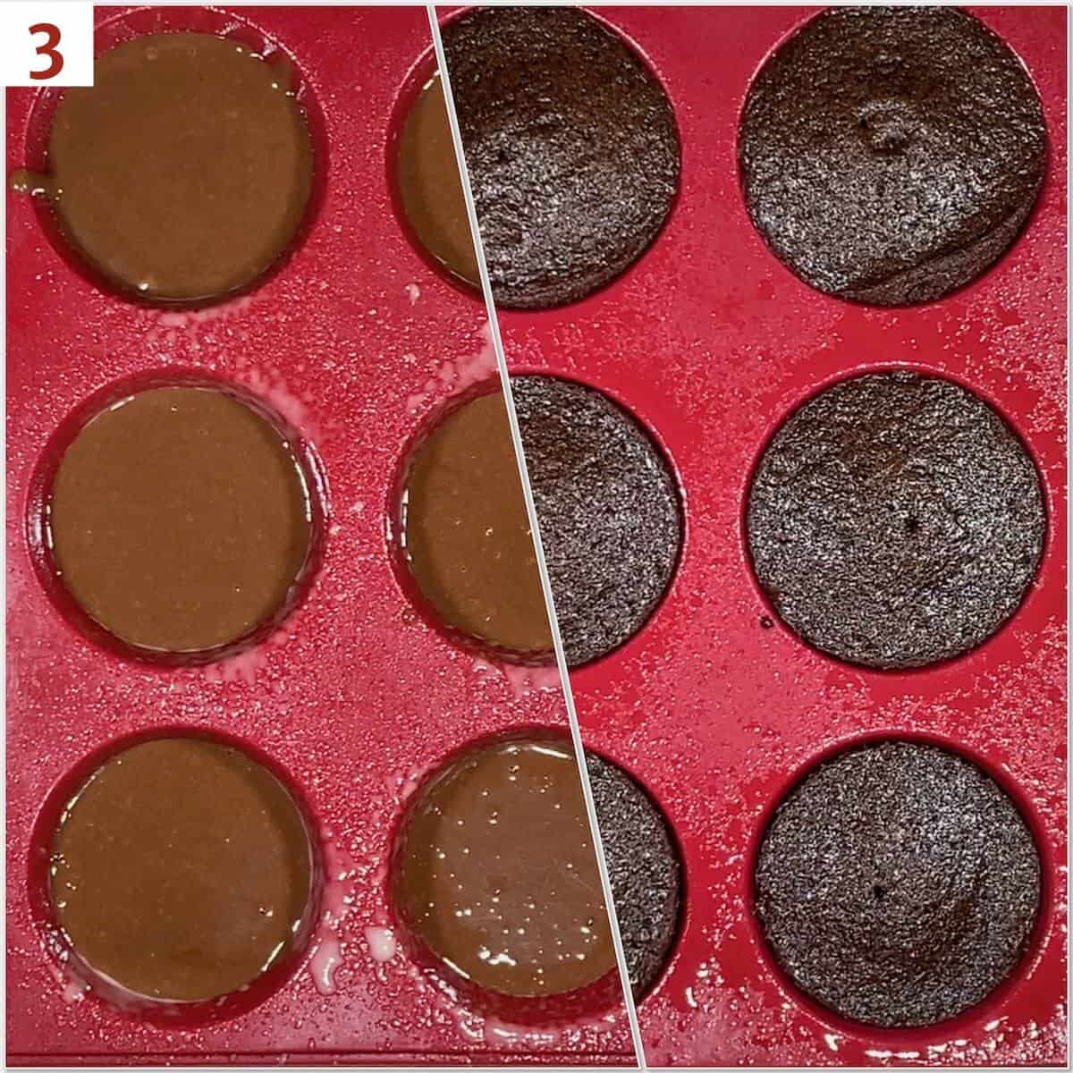One-bowl chocolate cake before after baking collage