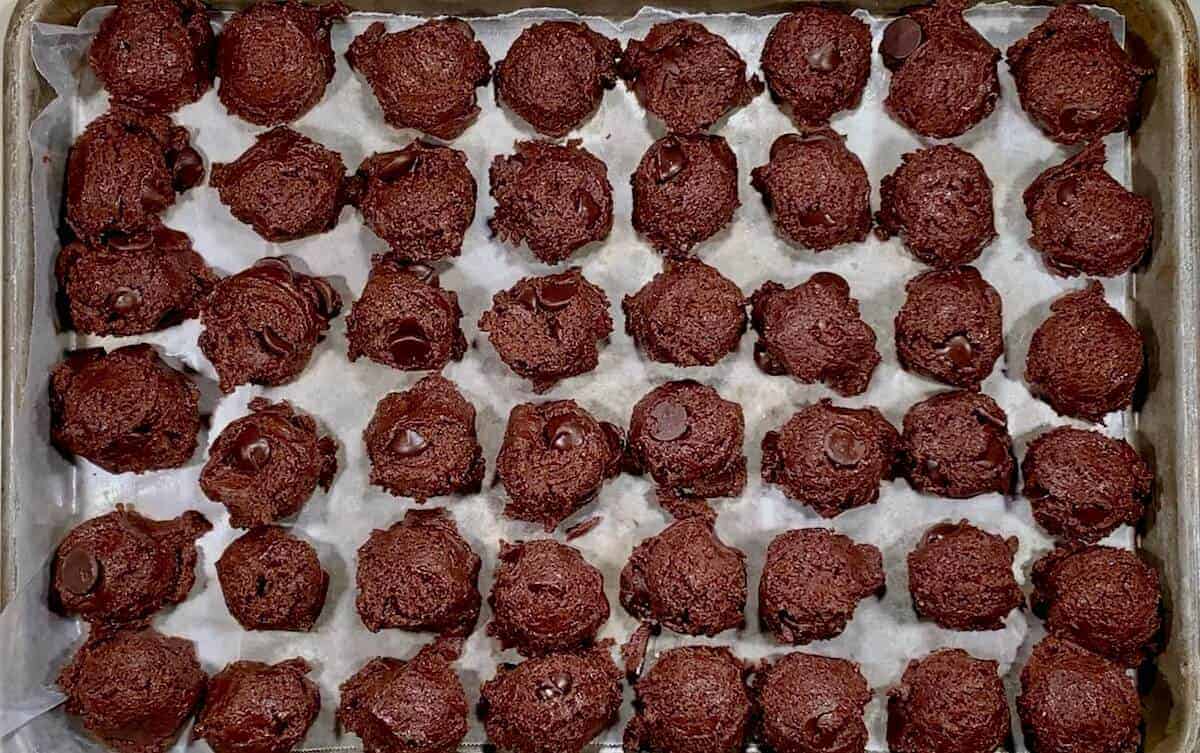 Mocha Chocolate Truffle Cookies on a baking pan for the freezer.