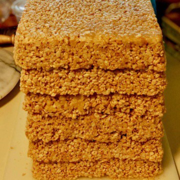 Crisped rice treats stacked for TARDIS cake.