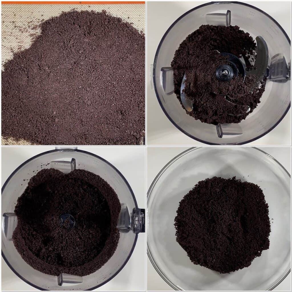 crumbling the chocolate cookie crumbs to make them uniform collage