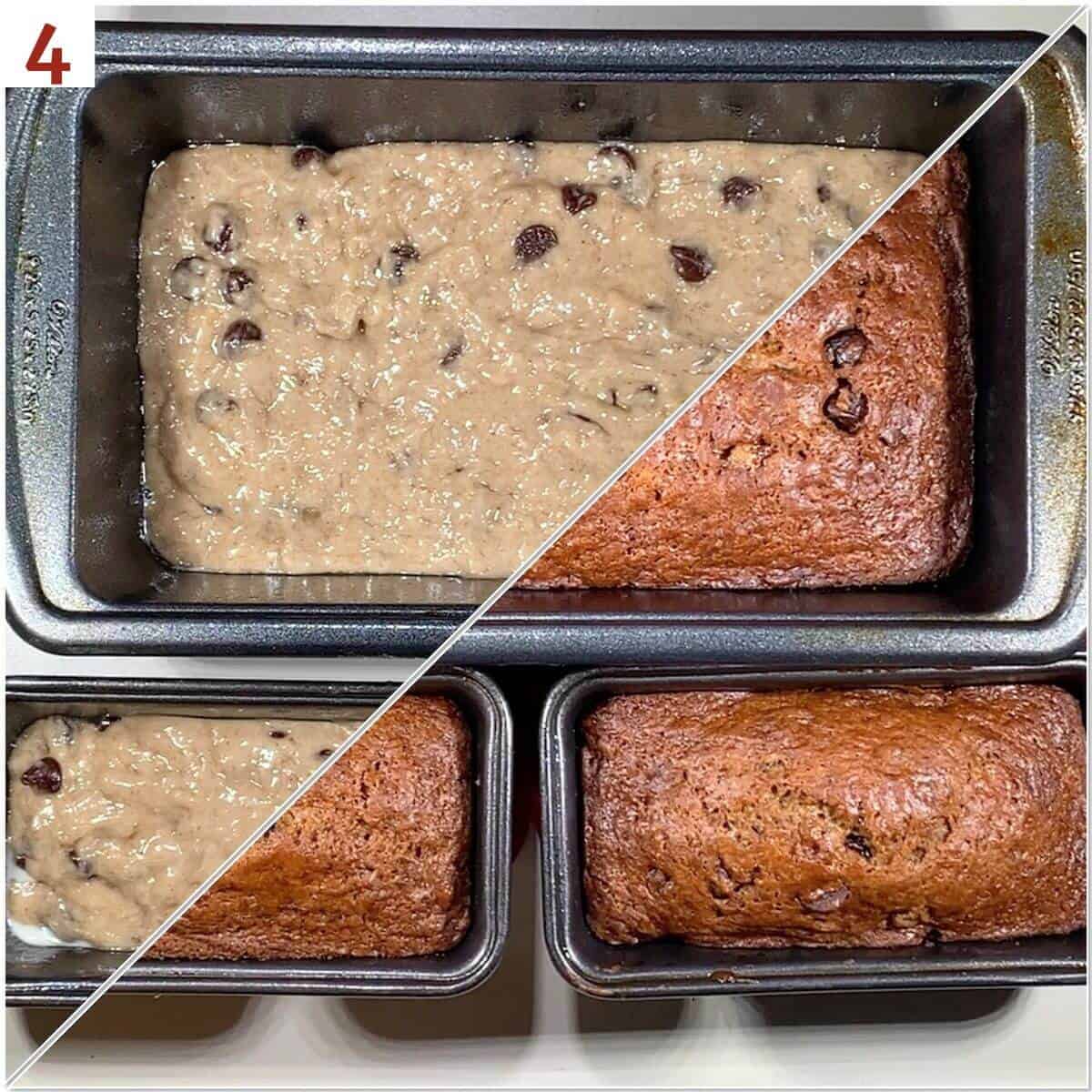 Collage of banana bread loaves before & after baking.