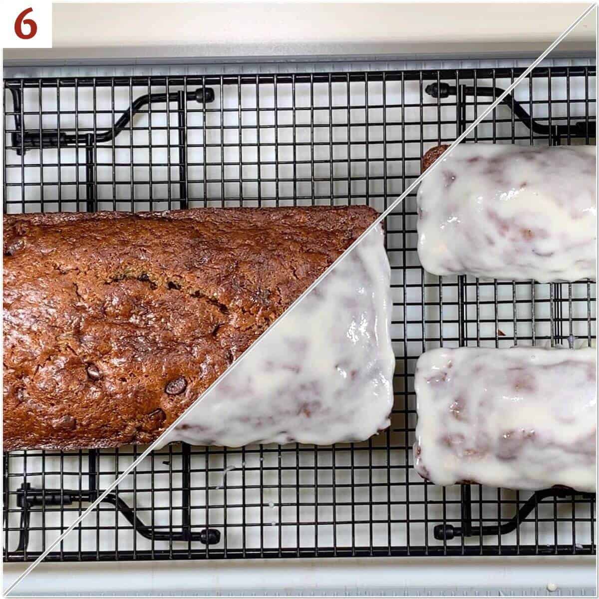 Collage of banana bread loaves before & after glazing.