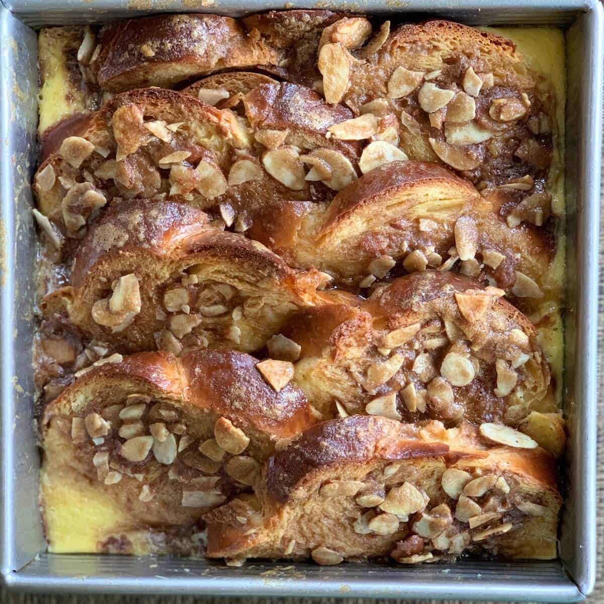 Baked French Toast Almondine in the pan from overhead.