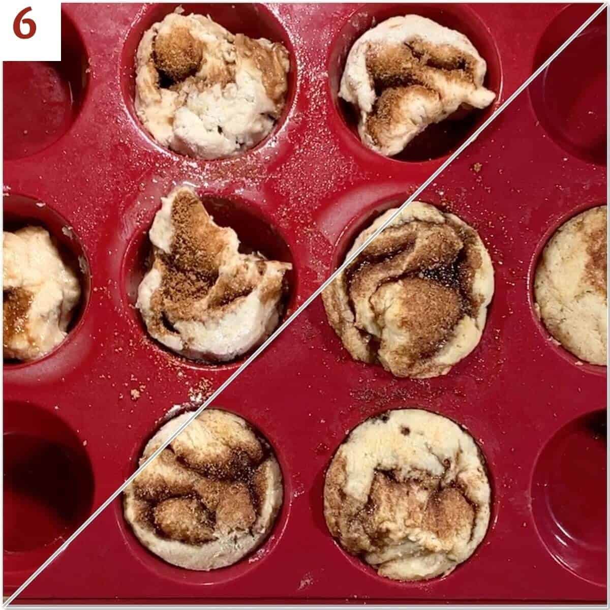 Collage of Cinnamon Rolls before & after baking.