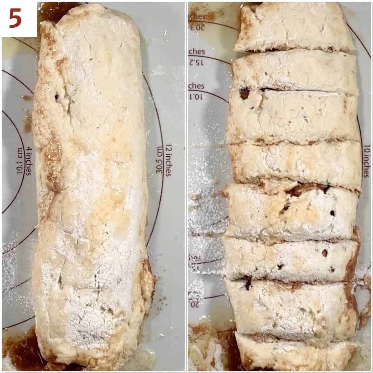 Collage of rolling & cutting cinnamon roll dough.
