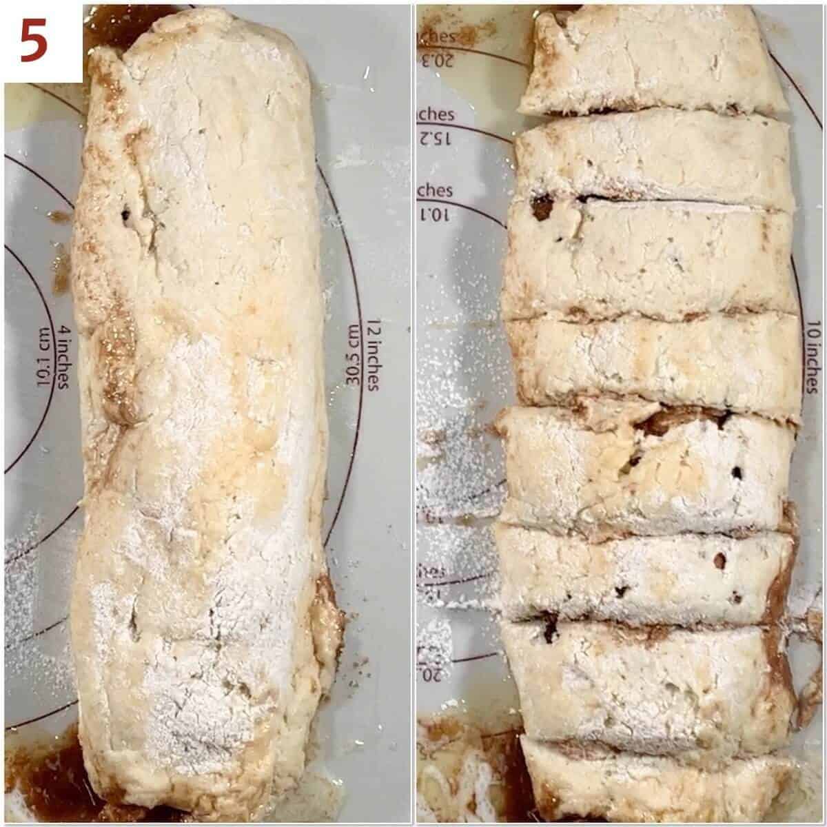 Collage of rolling & cutting cinnamon roll dough.