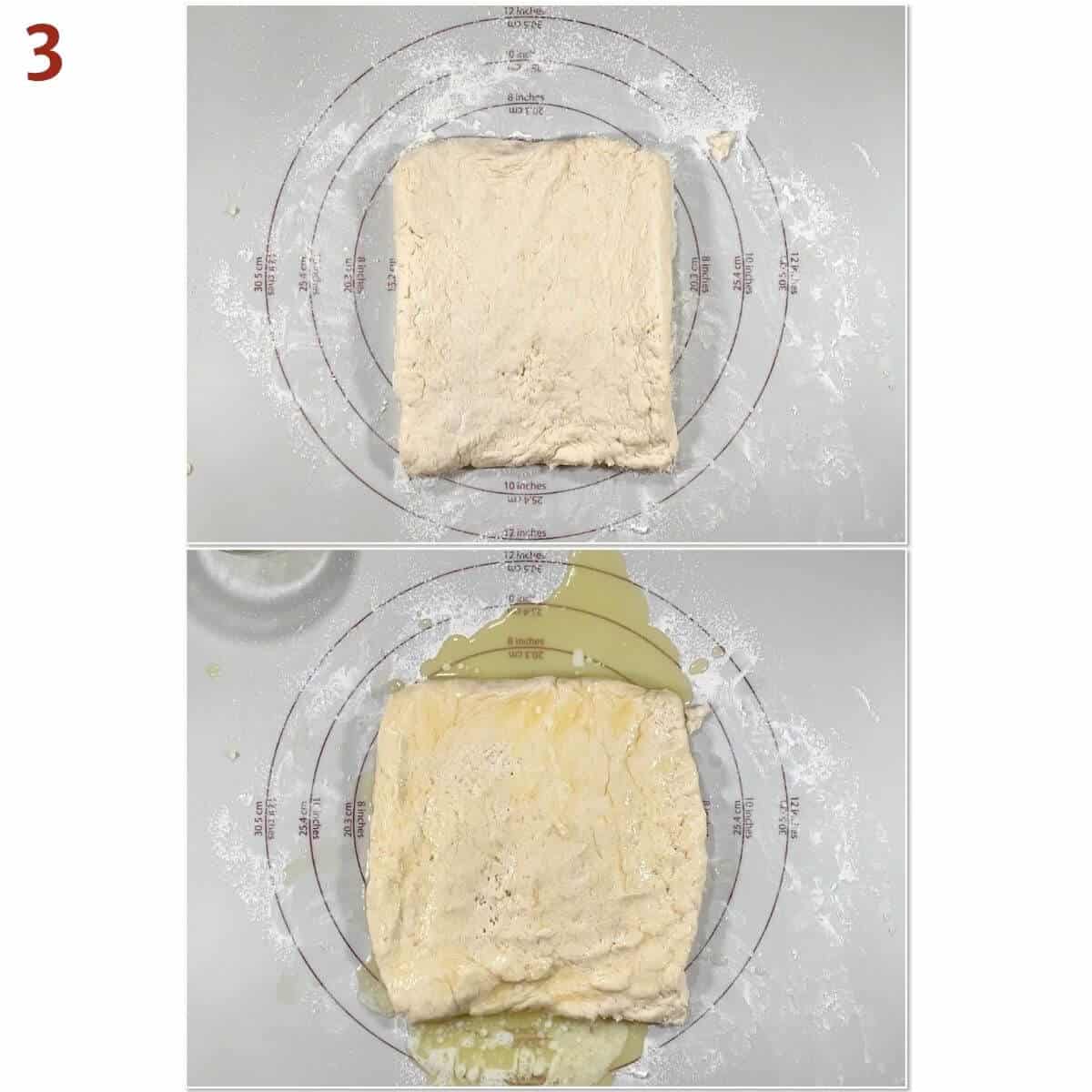 Collage of patting dough out to a rectangle & pouring on melted butter.