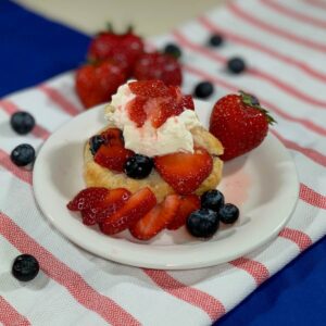 Strawberry Blueberry Shortcake plated on red striped towel.
