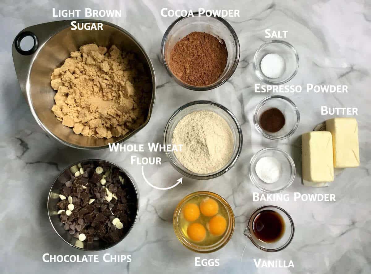 Two Triple Chocolate Brownies ingredients portioned into bowls from overhead.