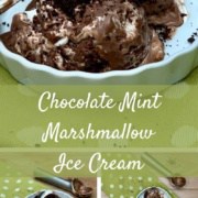 Chocolate Mint Marshmallow Ice Cream in a white bowl with spoon on a green towel Pinterest banner..