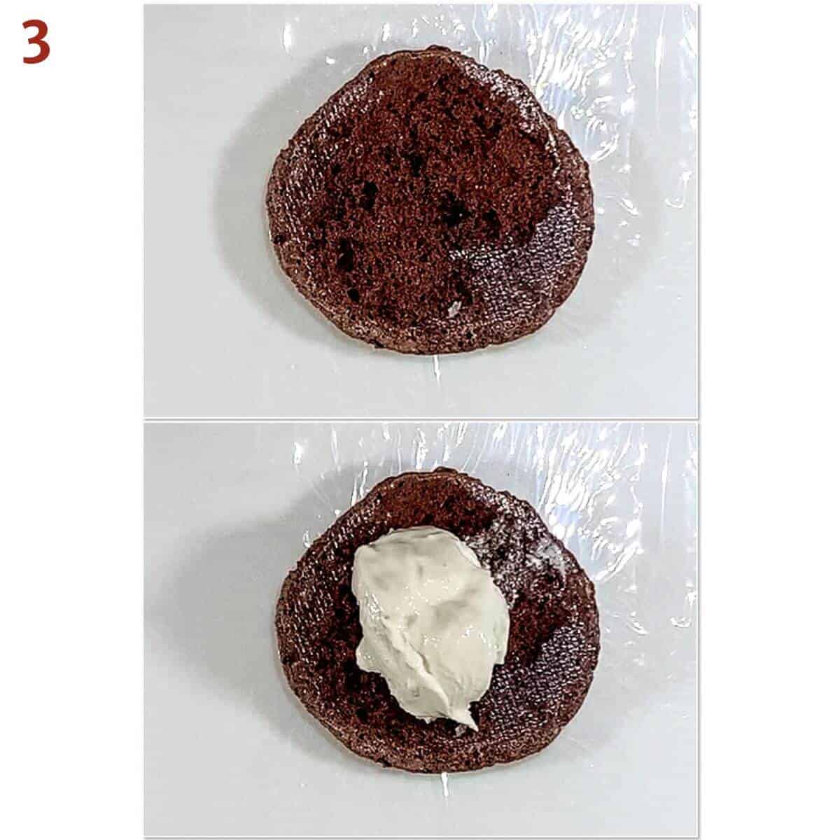 Collage of putting ice cream on the underside of a flourless chocolate cookie