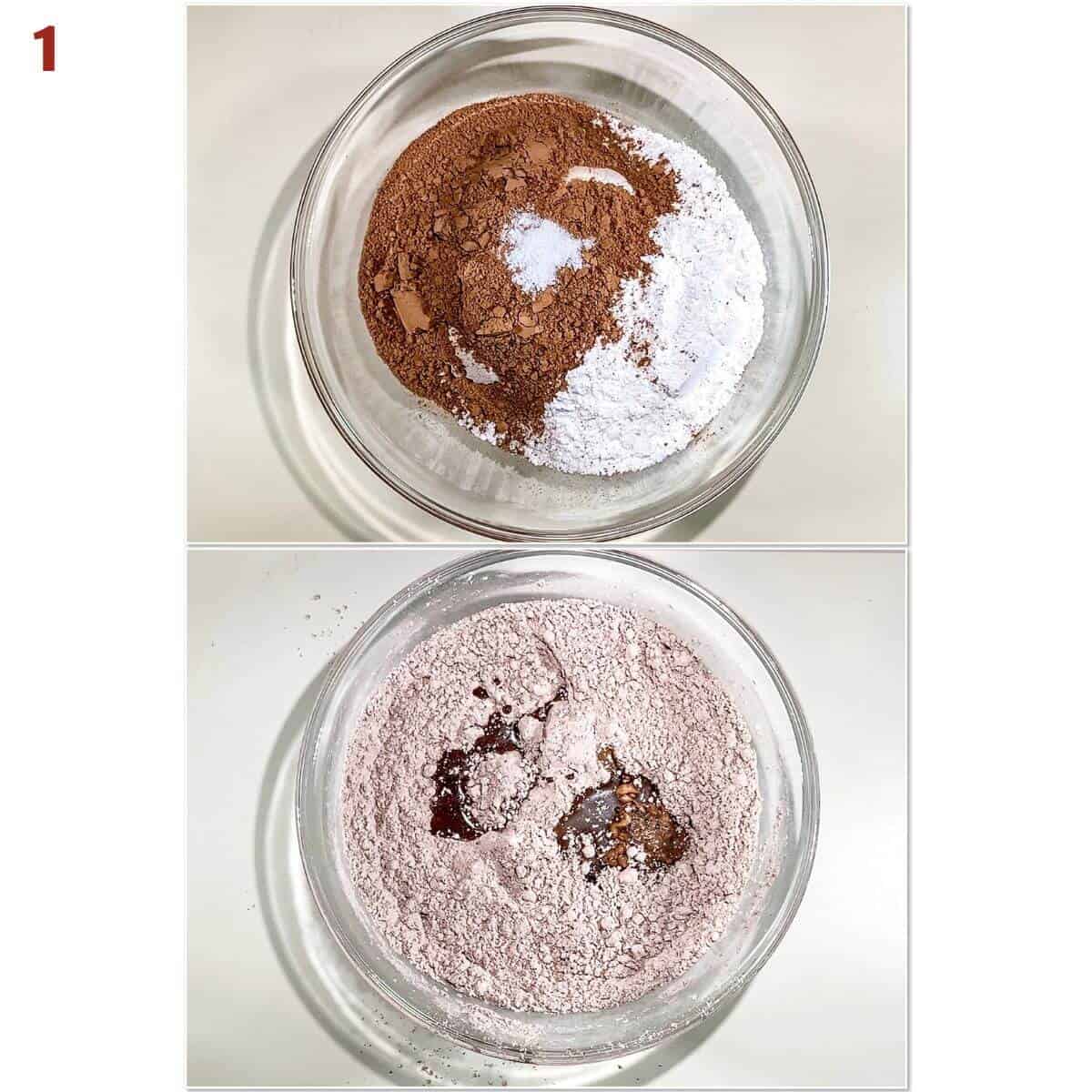 Collage of making flourless chocolate cookie batter.