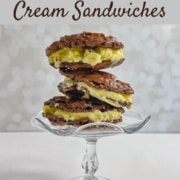 Gluten-Free Ice Cream Sandwiches stacked on glass cake stand Pinterest banner.