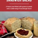 Multigrain Sourdough Sandwich Bread with PB&J slice on a white plate Pinterest banner.