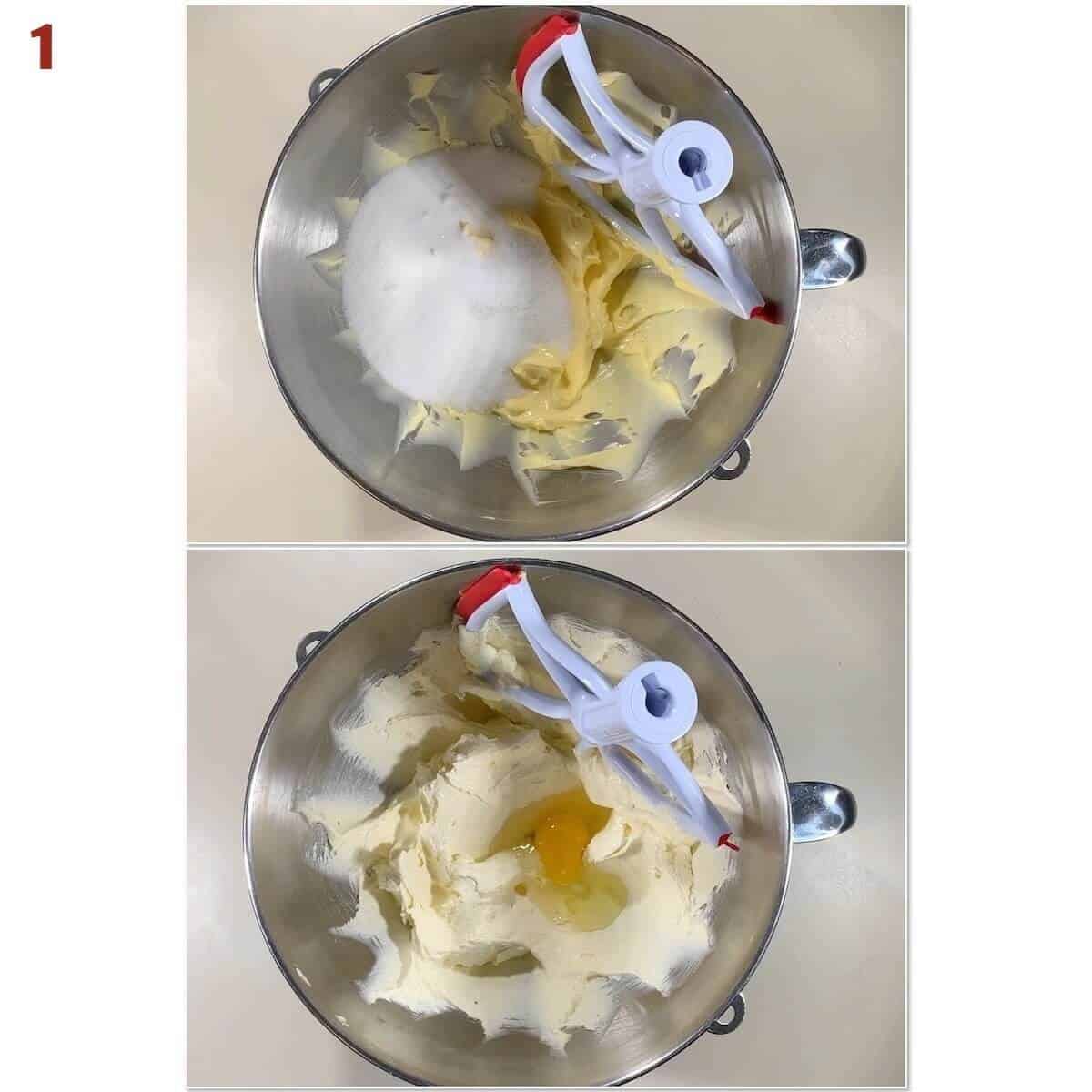 Collage of creaming butter, sugar, and salt then adding eggs for pound cake.