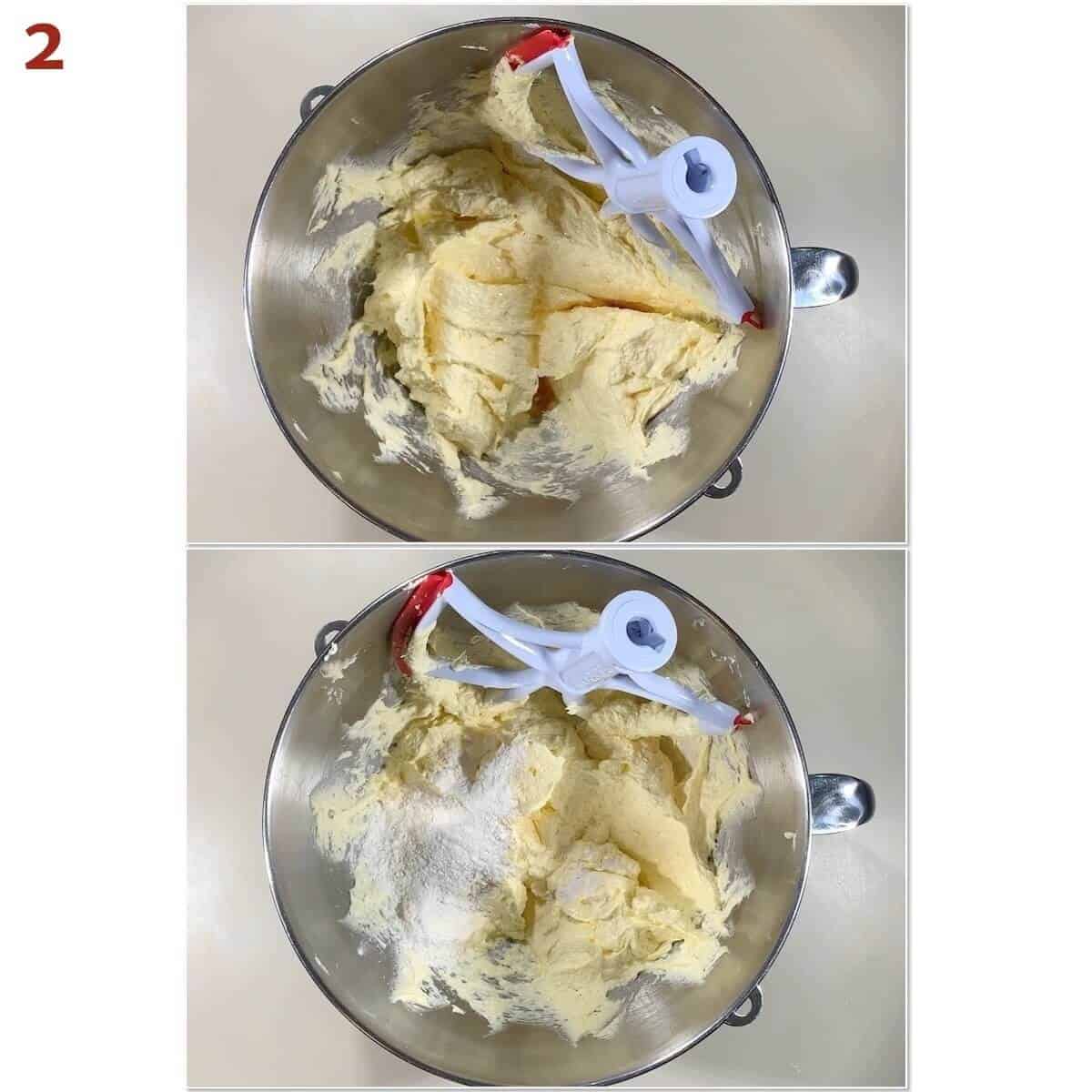 Collage of adding flavorings and flour to pound cake batter.