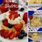 Strawberry Blueberry Shortcake plated on red striped towel collage Pinterest banner.