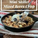 Mini Skillet Berry Crisp on a red & white striped towel with lifted fork & scoop of vanilla ice cream surrounded by blueberries on a wooden tray Pinterest banner.