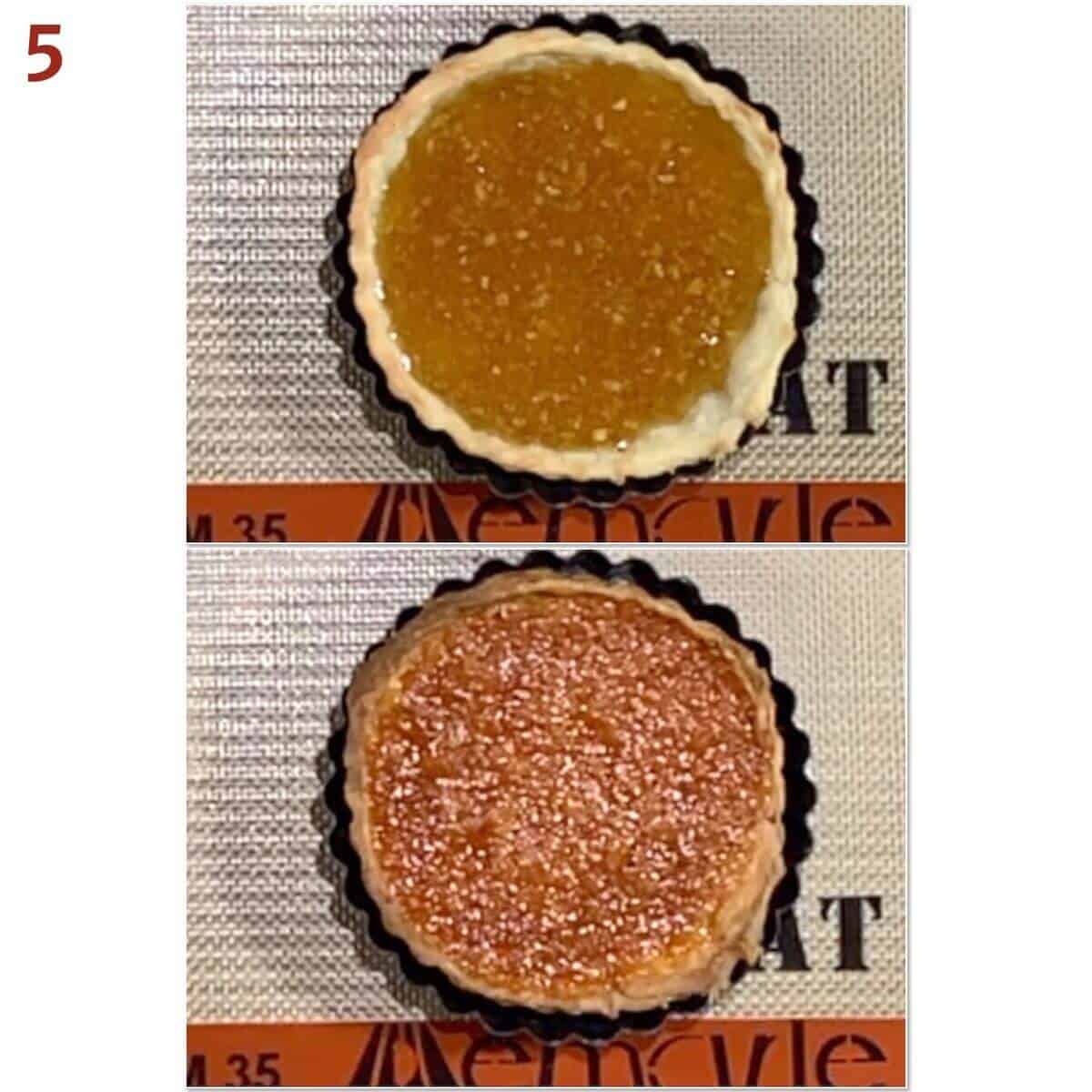 Collage of a treacle tart before & after baking.