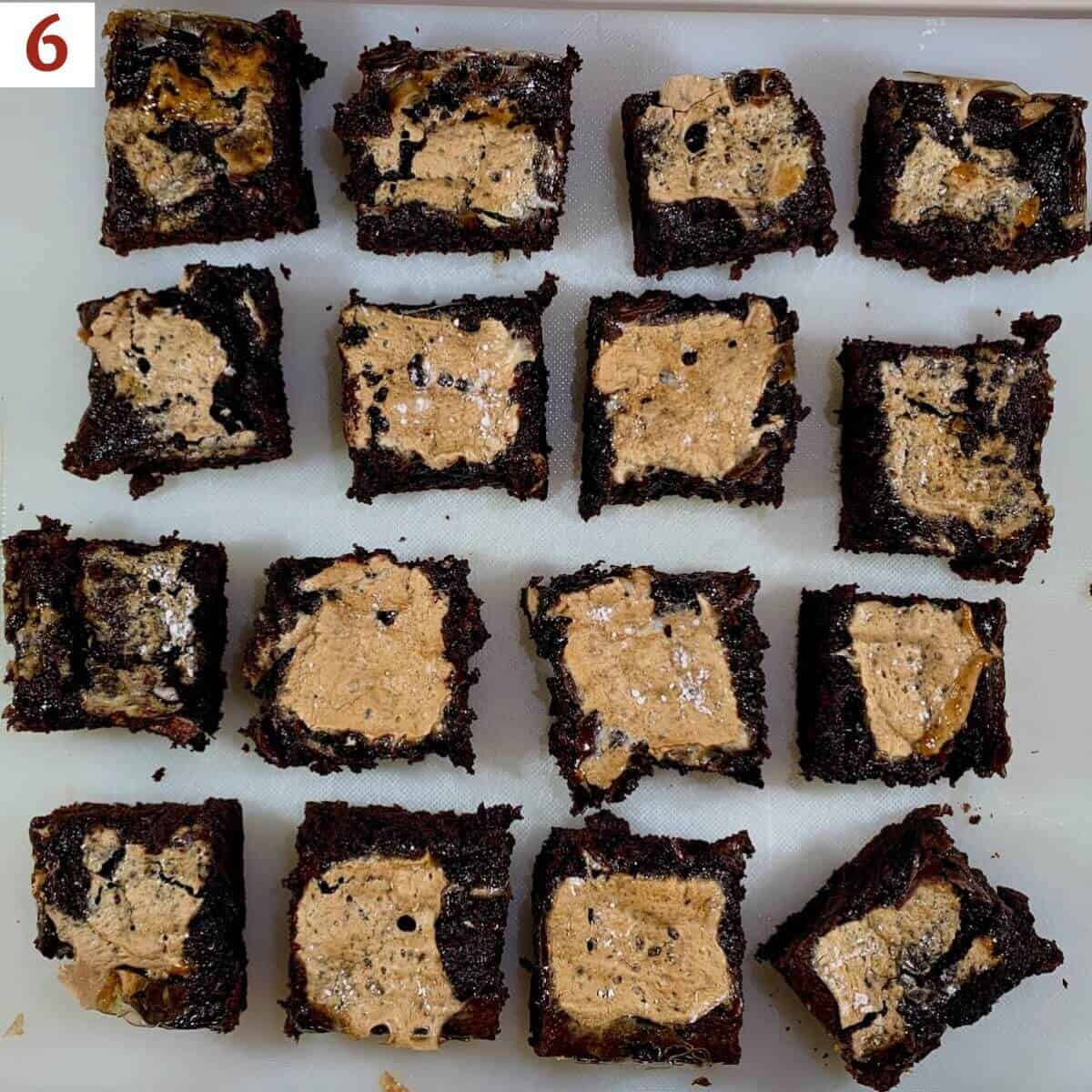 Cut brownies on a cutting board from overhead.