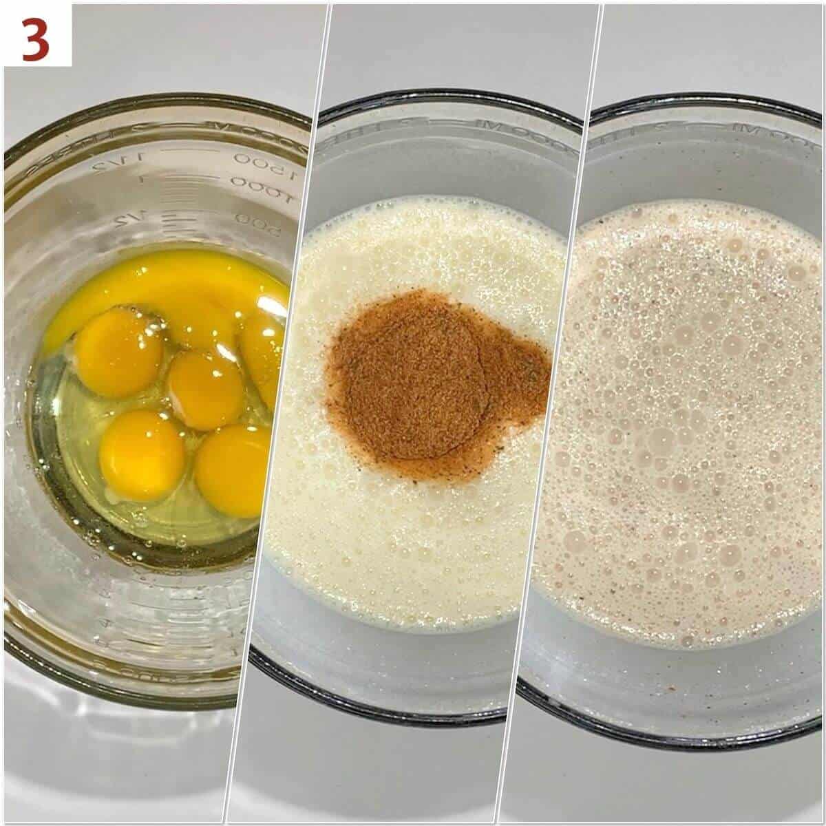 Collage of mixing quiche custard.