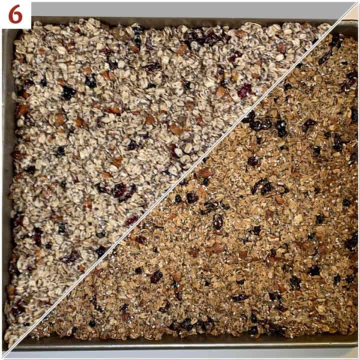 Collage of granola bark before & after baking.