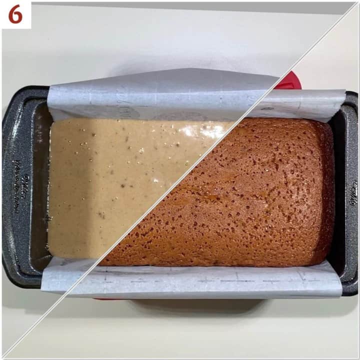Collage of honey cake before & after baking.