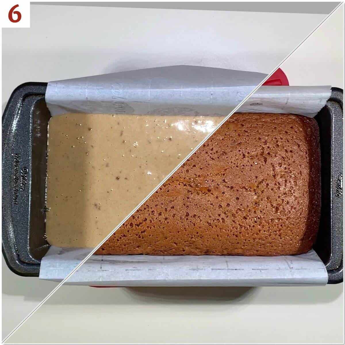 Collage of honey cake before & after baking.