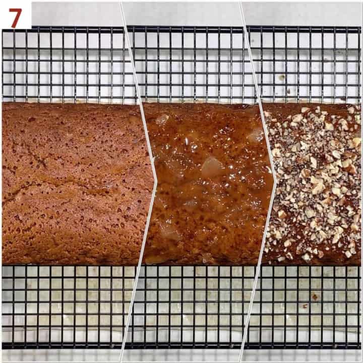 Collage of adding apple cider jam and pecans to baked honey cake from overhead.