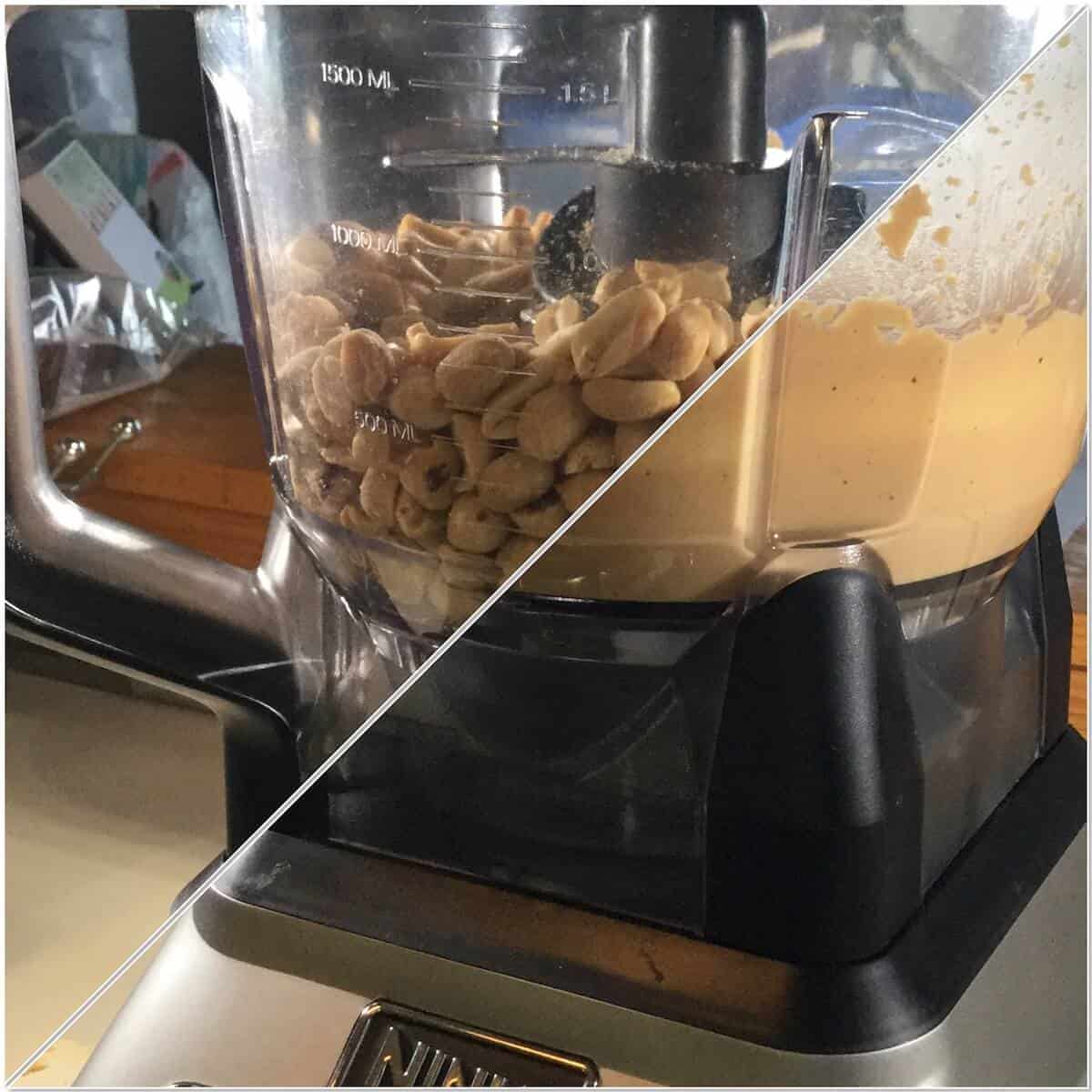 Collage of before and after making peanut butter in a food processor.