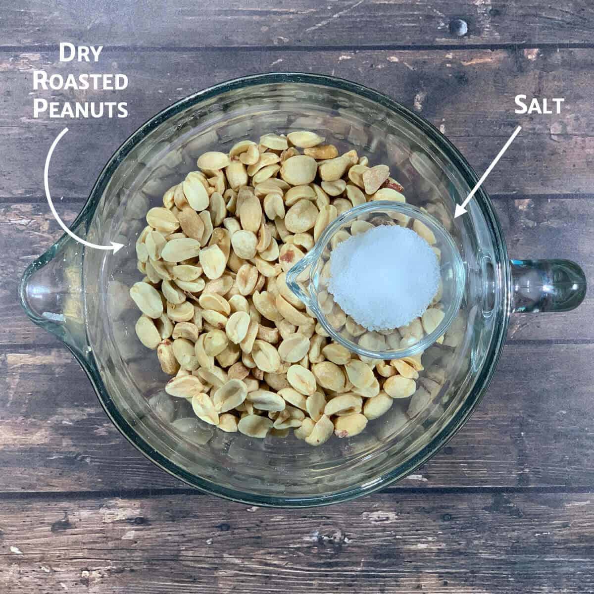 Peanuts and salt in glass bowls.