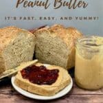 Open jar of Peanut Butter next to bitten open face sandwich and multigrain bread.utter with open face sandwich and multigrain bread Pinterest banner.