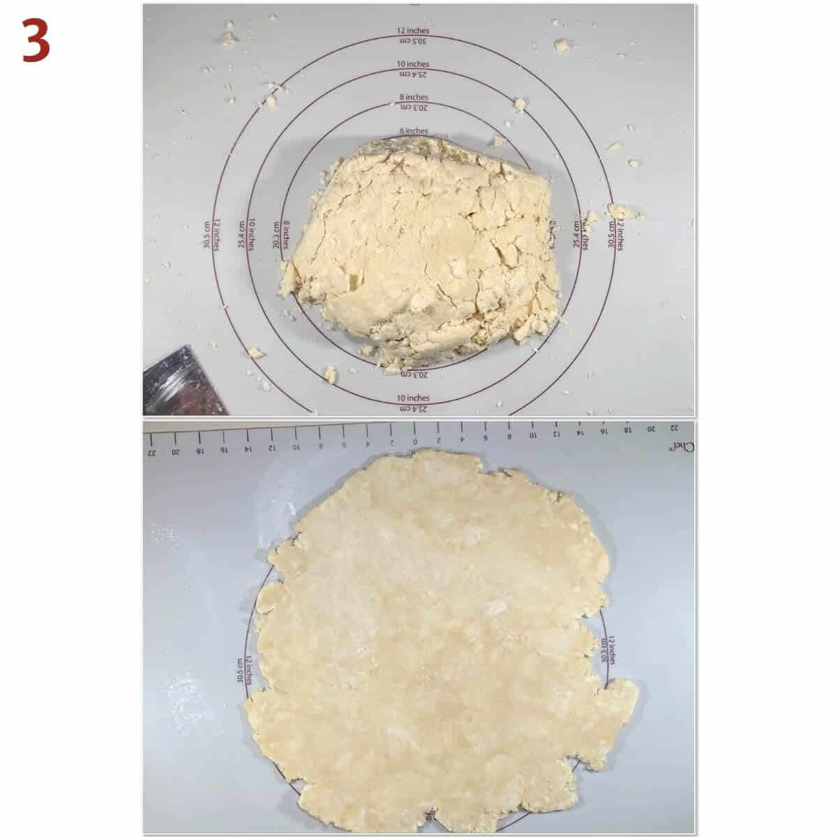 Collage of shortcrust dough before & after rolling out.