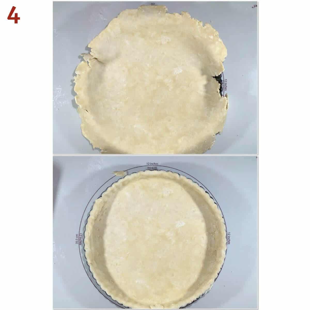 Collage of shortcrust dough in tart pan before & after trimming.