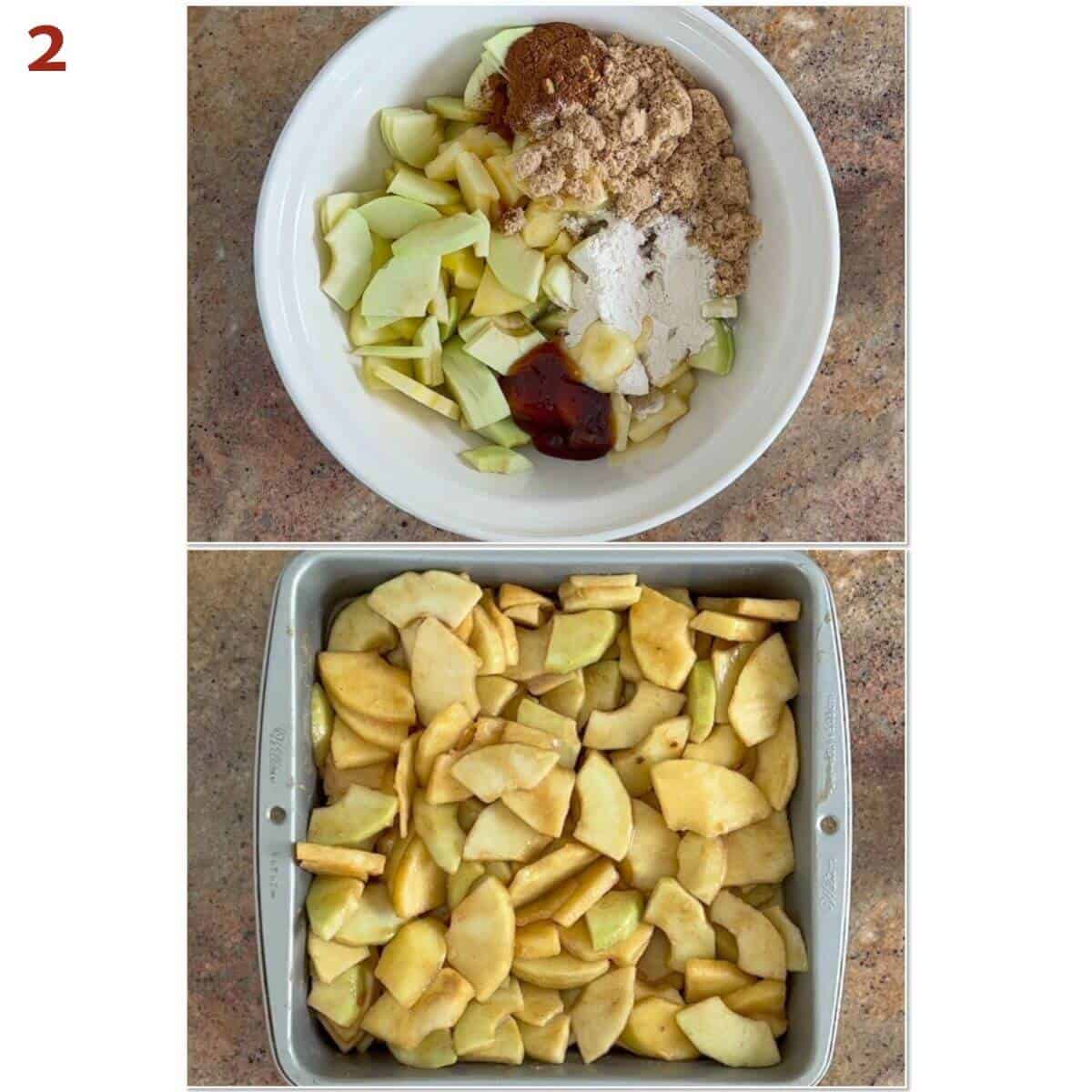 Collage of apple slices being mixed with filling ingredients & then spread in a baking pan.