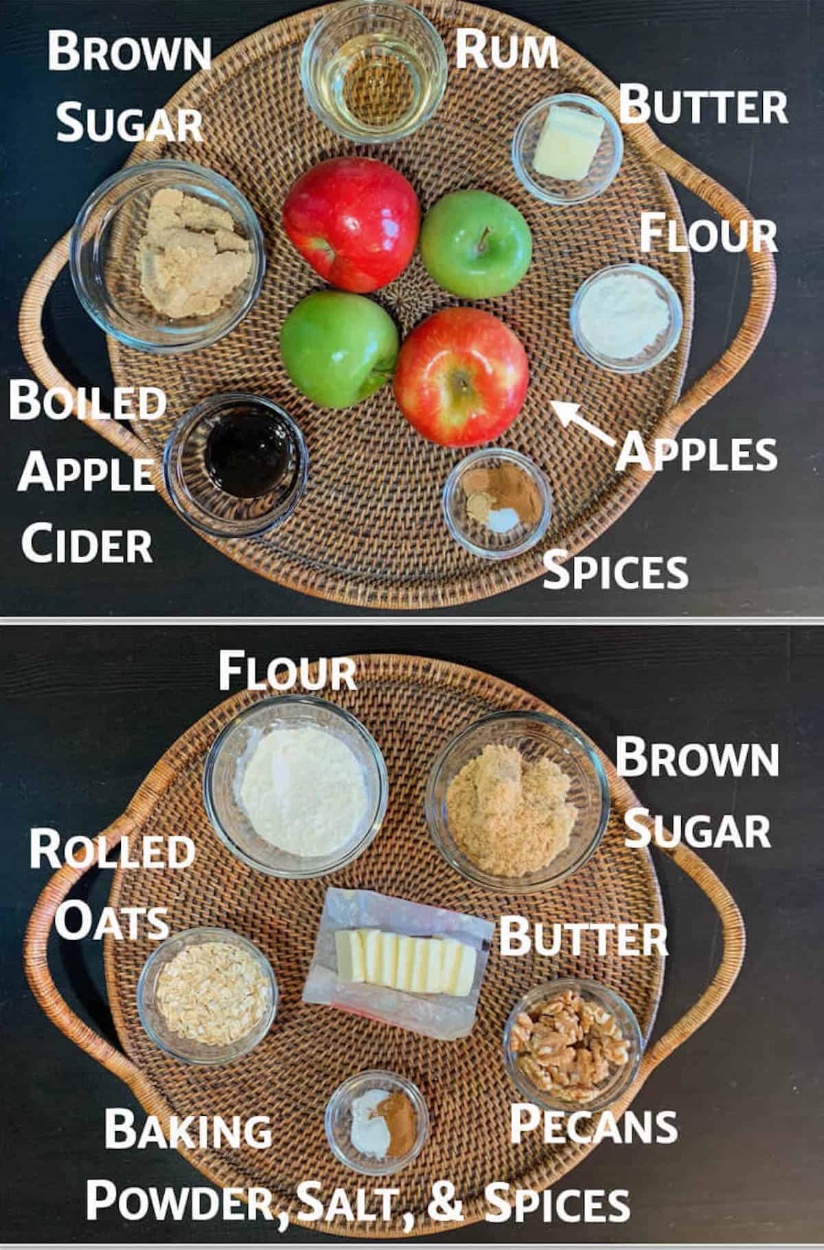 Collage of Apple Crisp filling & streusel topping ingredients on a wooden tray.